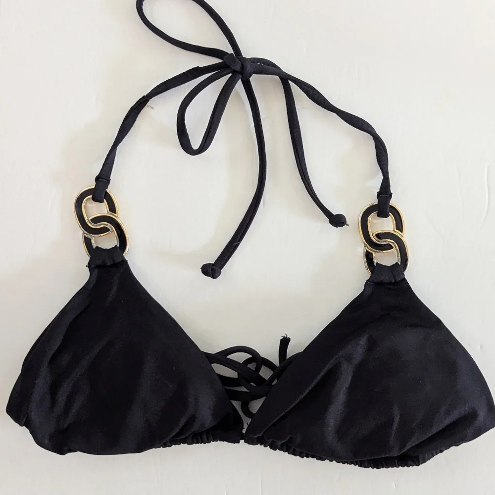L*Space Chain Ring Strap Triangle Bikini Top Tie Back Black Gold Small S